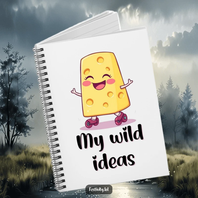 Funny smiling slice of cheese wearing tiny roller skates, comically tripping, featured on a notebook cover for humorous note-taking.