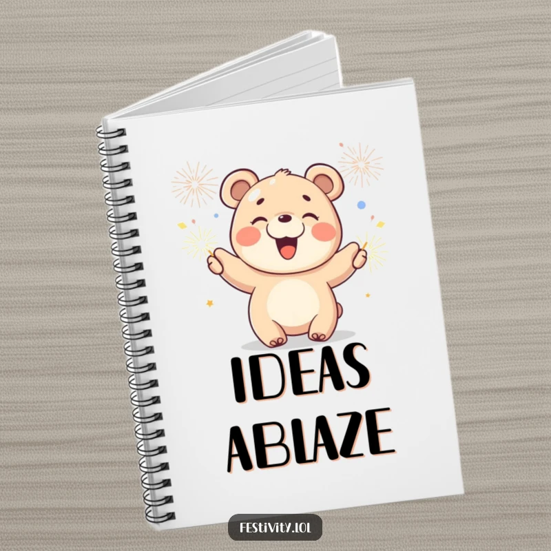Funny notebook cover with a joyful bear cub waving sparklers, ideal for journaling bright ideas and happy thoughts.