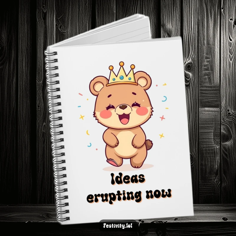 Funny notebook with a giggling bear cub wearing a streamer crown, captured in a spontaneous, joyful dance.