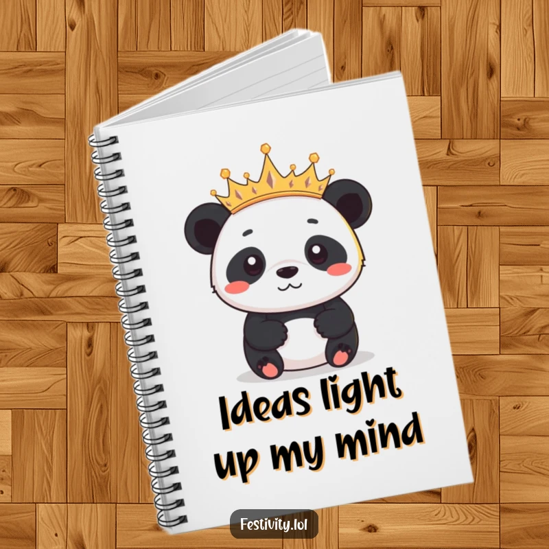 Funny determined panda wearing a crown of tiny twinkling lights on a notebook cover, perfect for jotting down royal thoughts.