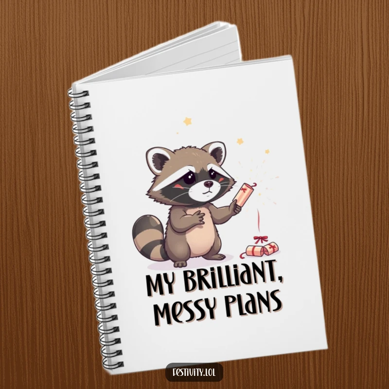 Funny raccoon attempting to juggle sparkling party crackers on a notebook cover, perfect for capturing ideas with a playful touch.