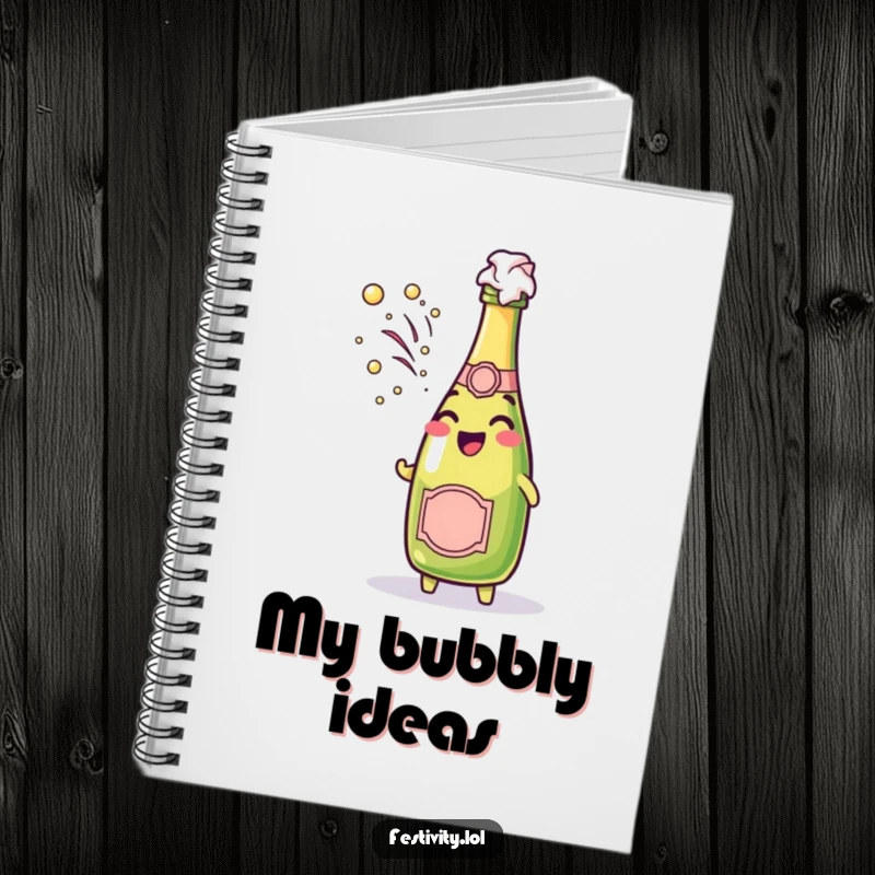 Funny cheerful champagne bottle character spraying bubbly foam on a notebook cover.