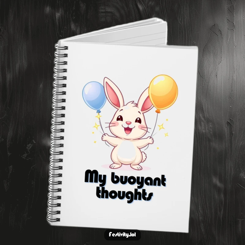 Funny notebook featuring a cheerful rabbit juggling sparkling balloons, perfect for capturing notes and bright ideas.
