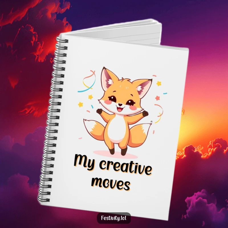 Funny notebook featuring a happy fox cub dancing with colorful streamers, ideal for planning and inspiration.