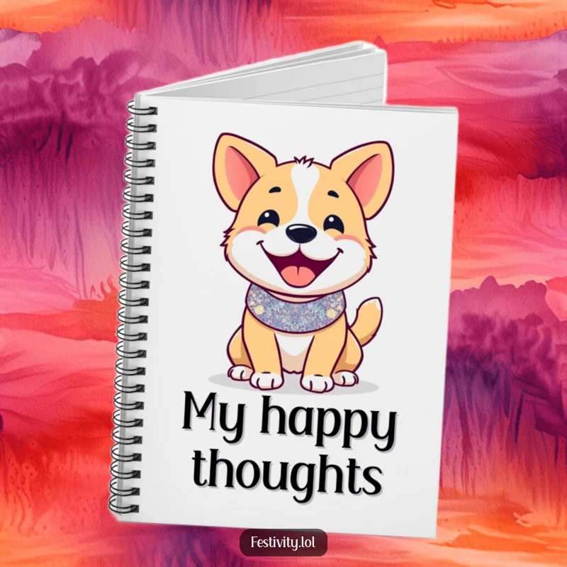 Funny notebook: A smiling dog with a glittery collar and furiously wagging tail, inspiring happy and energetic writing.