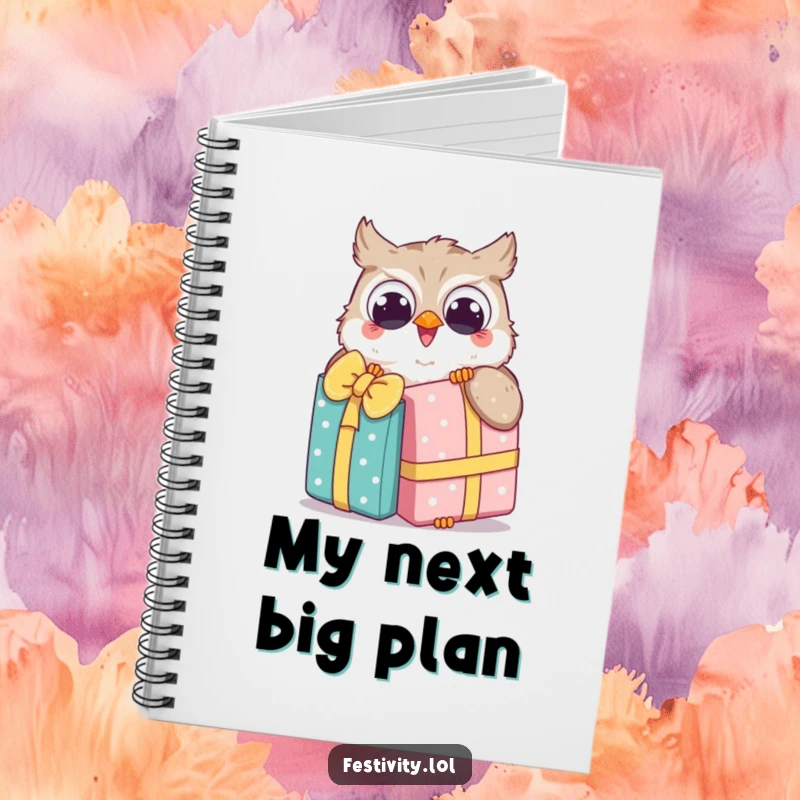 Funny Owl Notebook features a joyful owl unwrapping a comically large gift, ideal for noting down bright ideas.