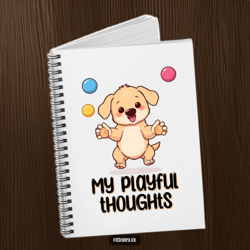 Funny notebook cover with a bouncing puppy juggling colorful balls, exuding joy and skill.