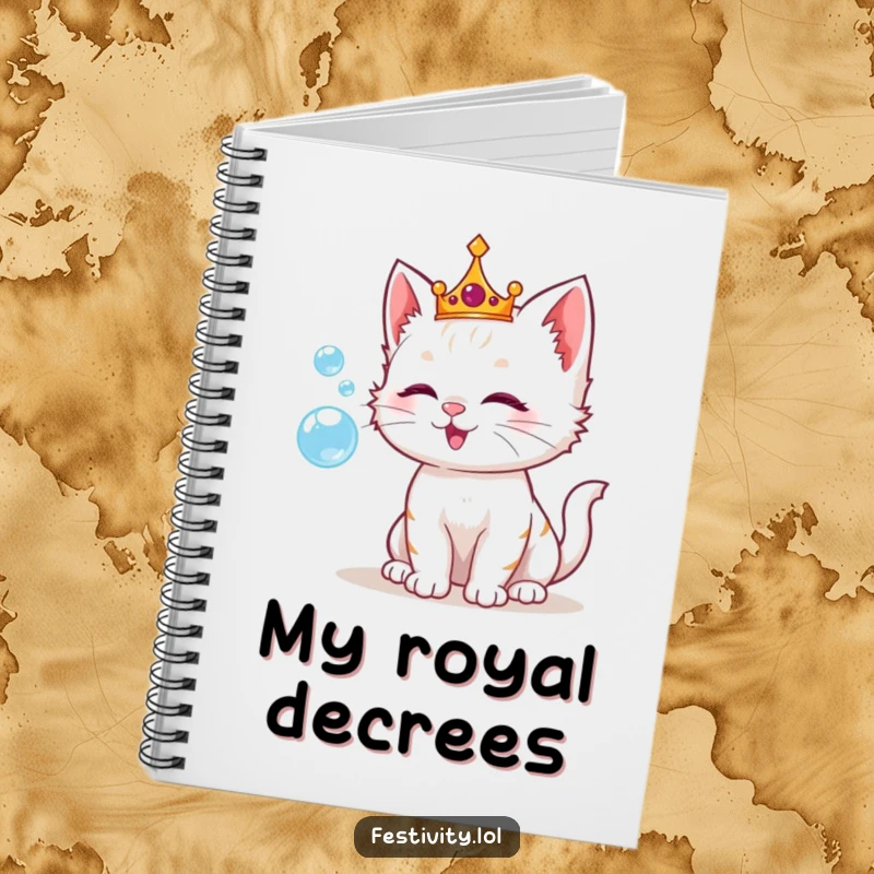 Funny notebook featuring a playful kitten wearing a crown, blowing shimmering bubbles, perfect for capturing delightful ideas.
