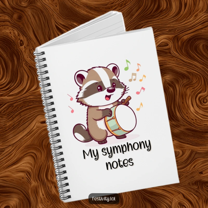 Funny notebook with a determined badger drumming, musical notes bursting forth, perfect for capturing musical ideas.