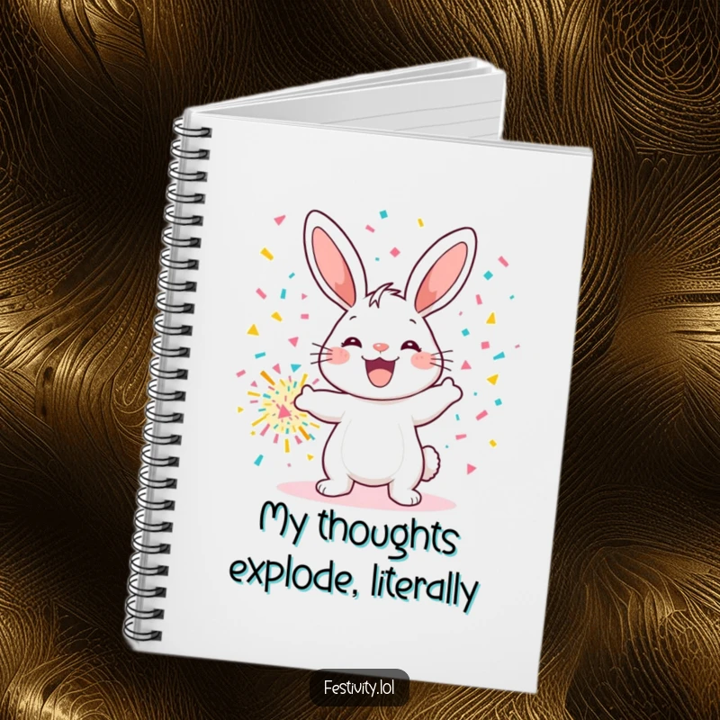 Funny notebook with a cheerful bunny throwing confetti, ideal for writing, journaling, and capturing funny thoughts.