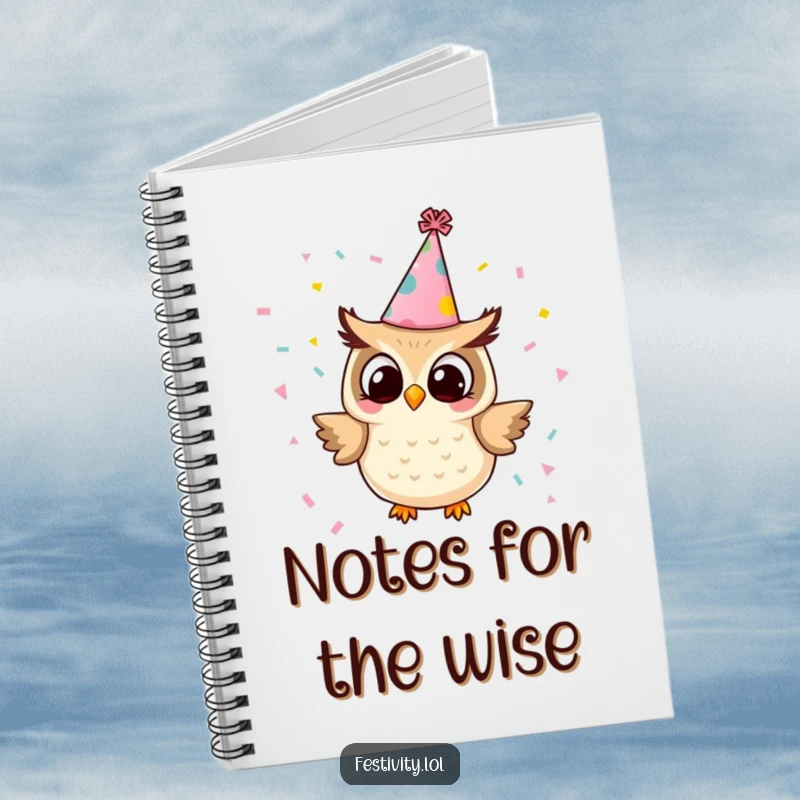 Funny owl notebook featuring a tiny owl in a party hat releasing confetti, inspiring joyful note-taking and festive planning.