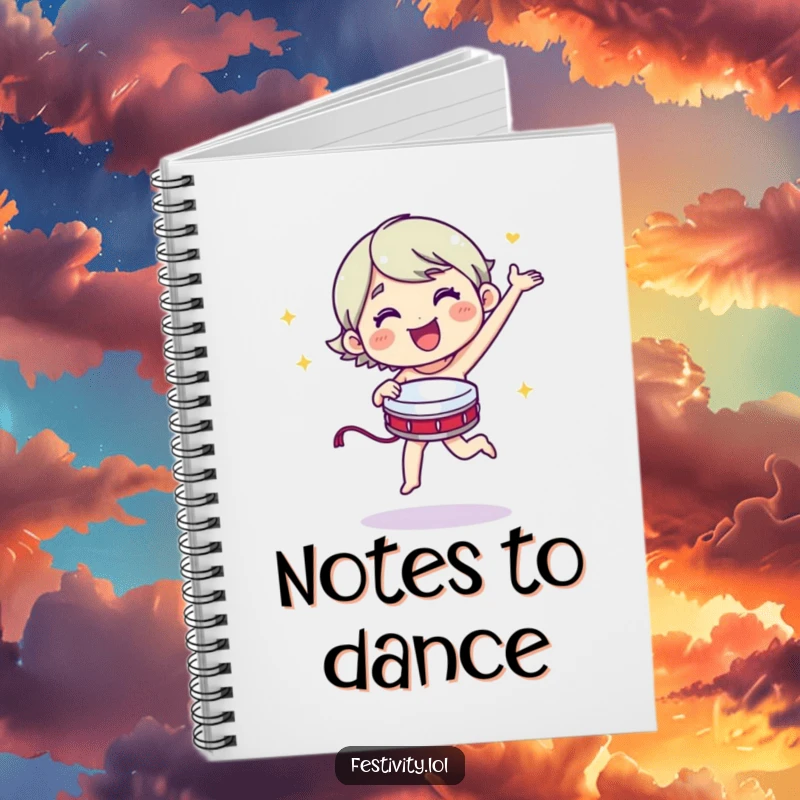 Funny merry character dancing energetically with a tambourine on a music notebook.