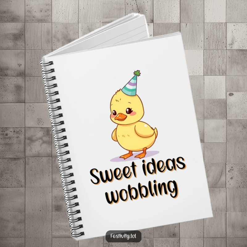 Funny notebook with a wobbly duckling balancing a cake and candles, ideal for joyful birthday note-taking.