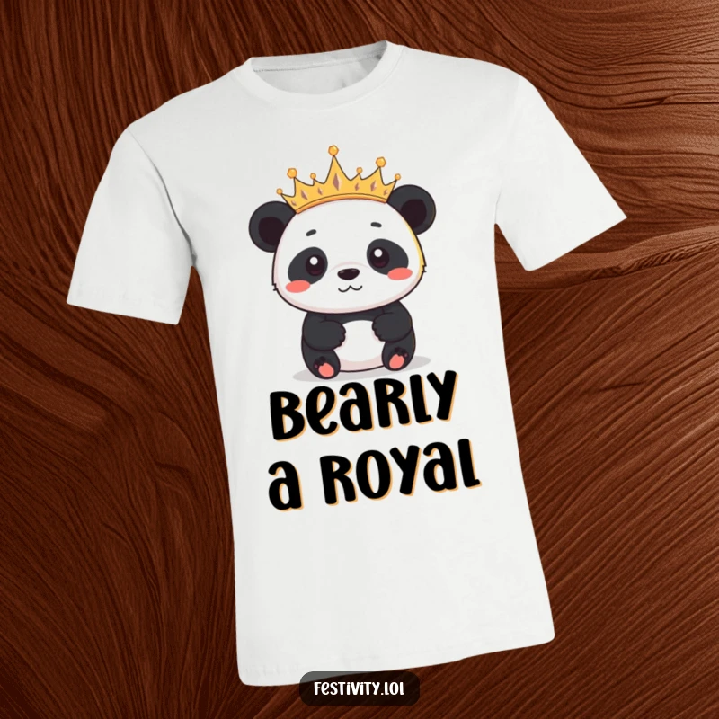 Funny panda wearing a crown of tiny twinkling lights, looking determined and proud, printed on a comfortable and stylish t-shirt.