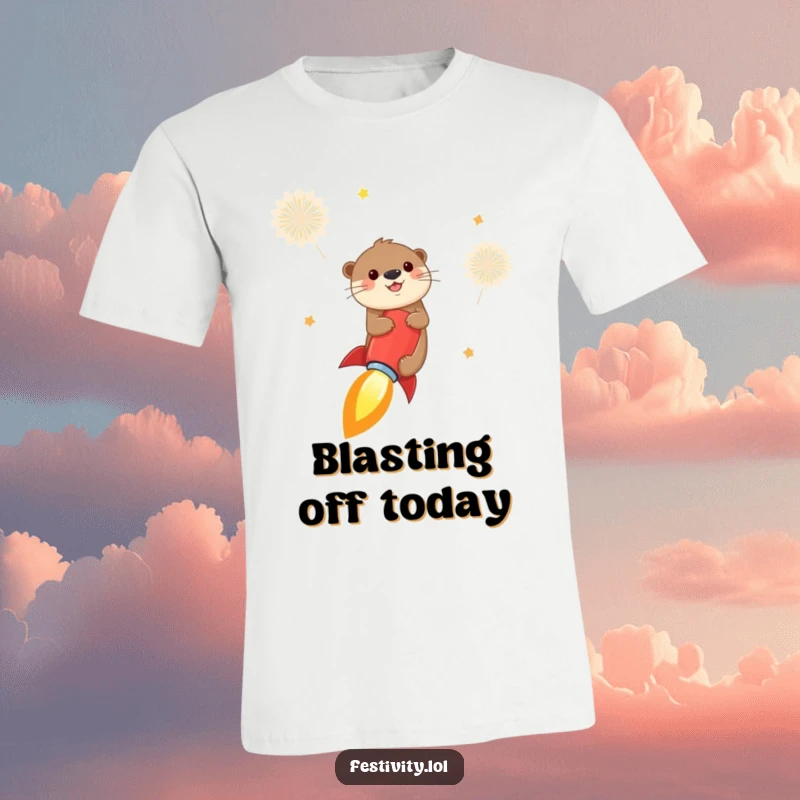 Funny otter t-shirt depicting a cheerful otter riding a firecracker like a rocket into the sky, symbolizing excitement and adventurous spirit.