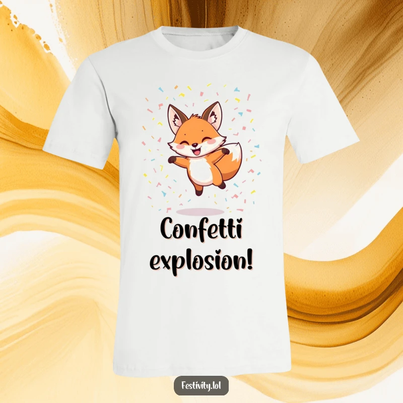 Funny t-shirt with a grinning fox leaping through a shower of confetti, showcasing a joyful and energetic design.