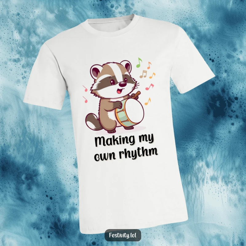 Funny t-shirt of a determined badger playing drums vigorously, with musical notes bursting out, celebrating the joy of music.