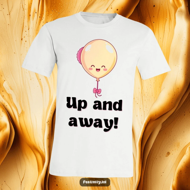 Funny Balloon Bobbing T-Shirt showing a happy balloon character cheerfully bobbing with streamers trailing, exuding pure joy and fun.