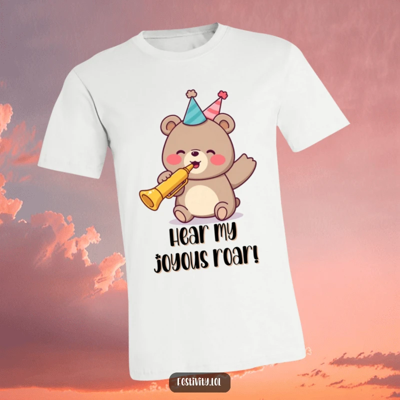Funny t-shirt showcasing a delighted bear sporting a party hat and tooting a trumpet with infectious, loud celebration.