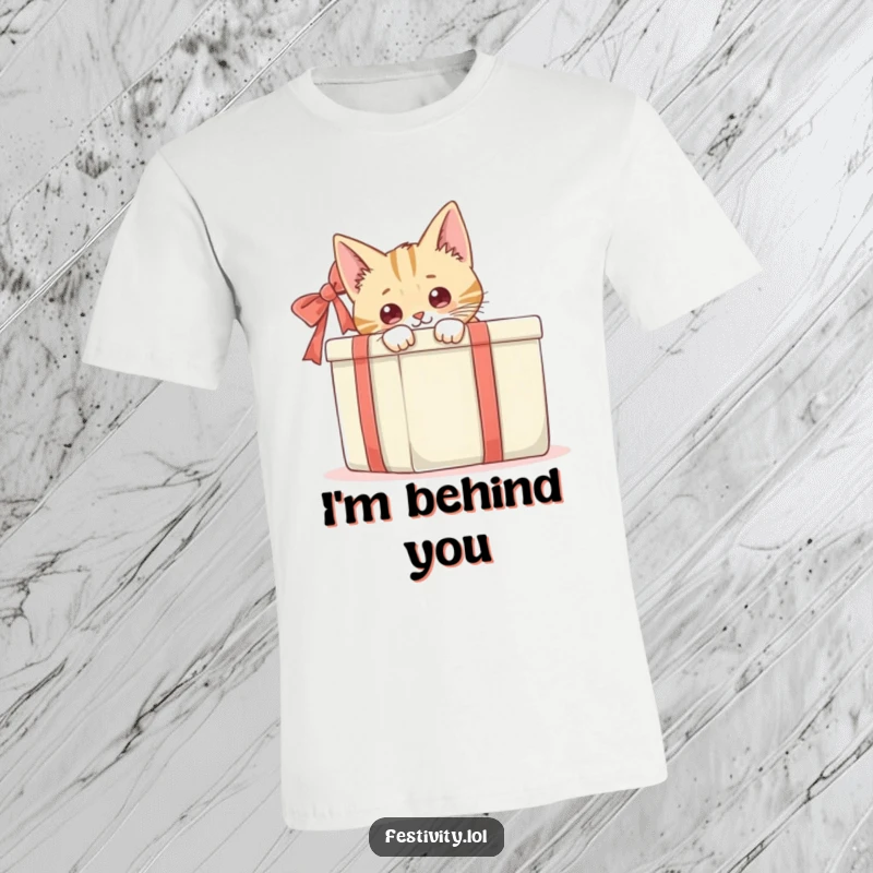 Funny, curious cat peeking from behind a large gift box, a humorous and endearing design for a comfortable t-shirt.