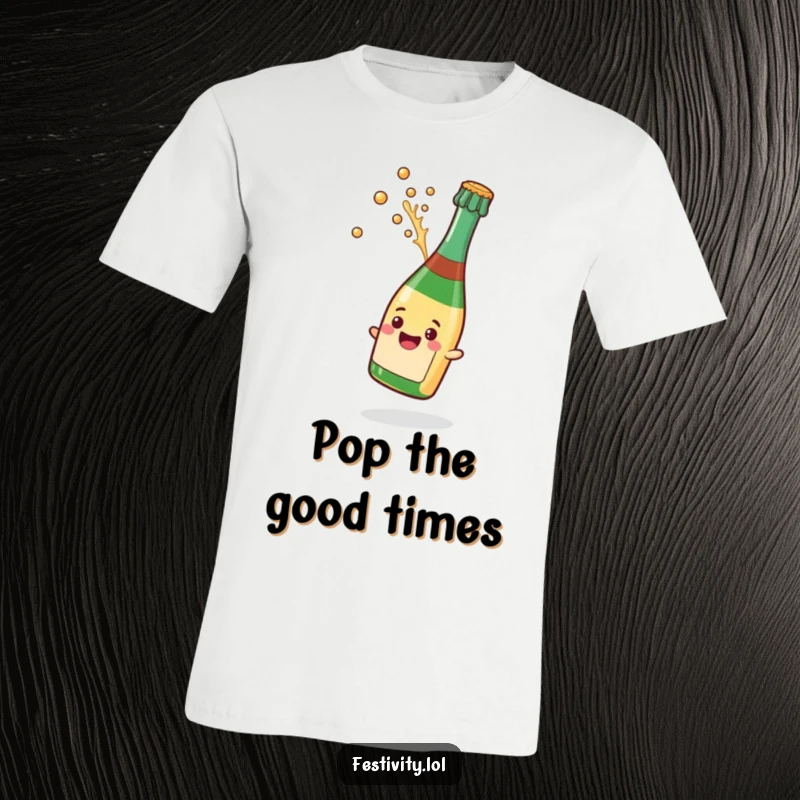 Funny t-shirt showcasing a vibrant champagne bottle with an exploding cork and celebratory splash, radiating pure party energy.