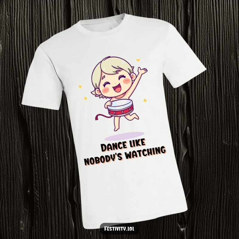 Funny merry character dancing energetically with a tambourine on a vibrant t-shirt.
