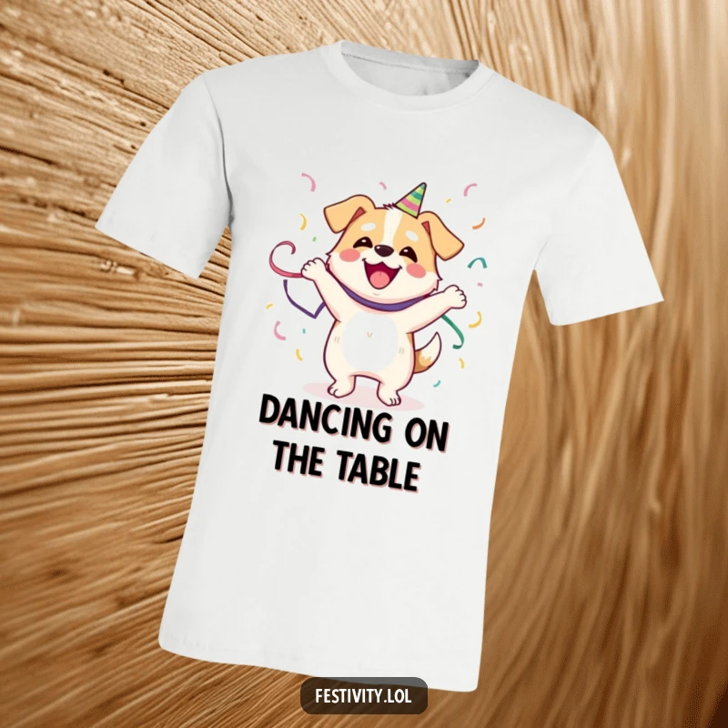 Funny Dog T-Shirt: A happy dog dances joyfully, adorned with streamers, embodying infectious, humorous energy.