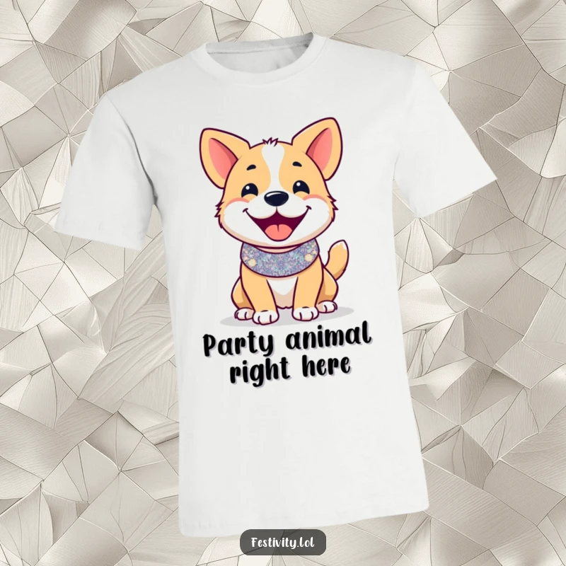 Funny t-shirt: A joyful dog sporting a sparkly collar and a furiously wagging tail, radiating happiness.