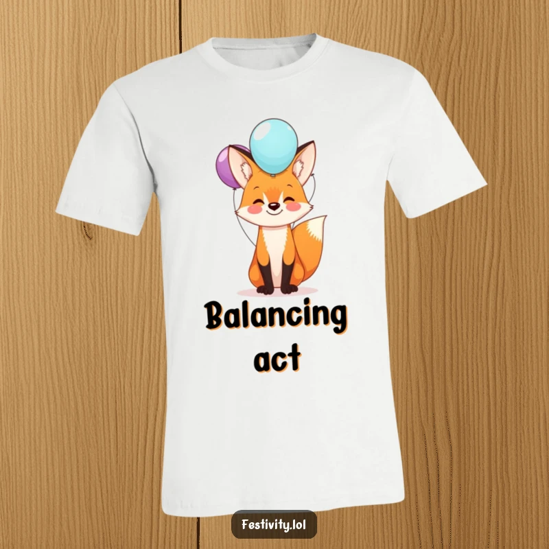 Funny fox t-shirt depicting a happy fox balancing a tall stack of colorful balloons on its nose, symbolizing joy and lightheartedness.