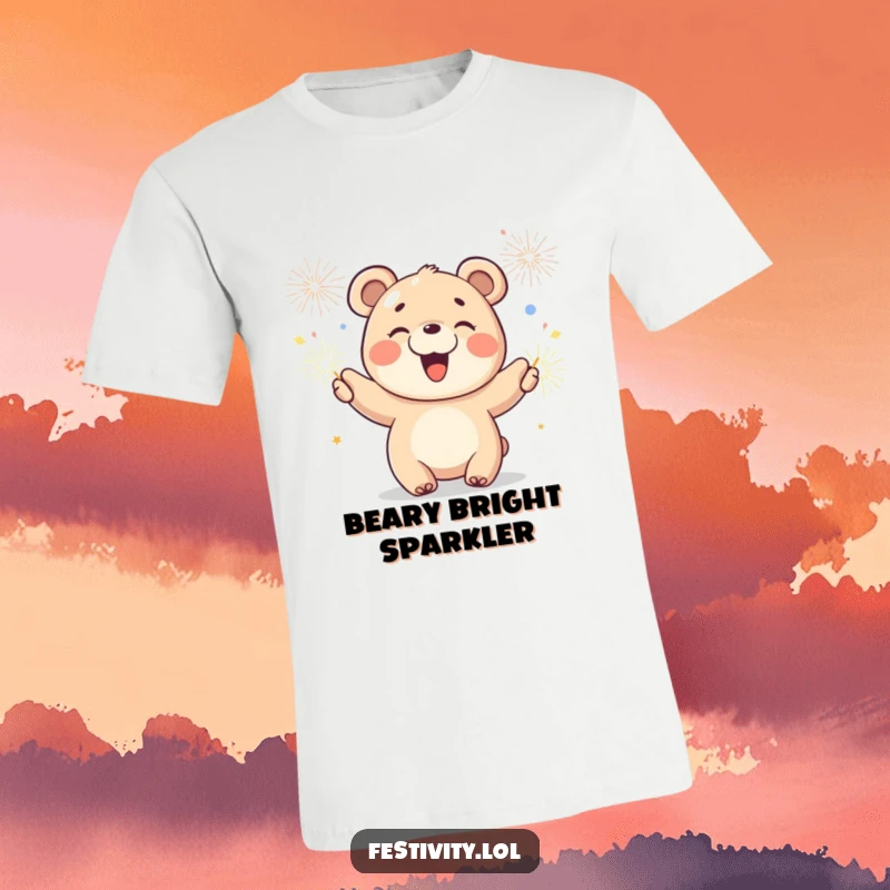 Funny t-shirt with a joyful bear cub waving sparklers and smiling brightly, a celebration of pure happiness.