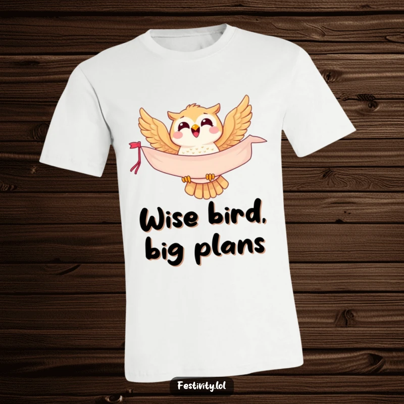 Funny joyful owl t-shirt soaring gracefully with a banner announcing good news, ideal for expressive personalities.