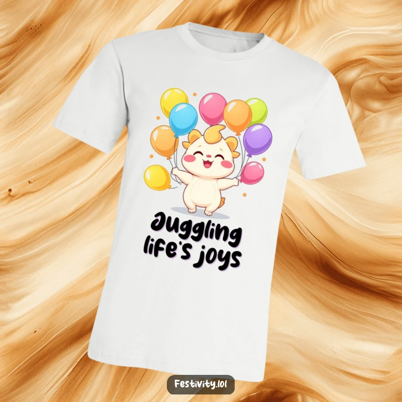 Funny joyful creature smiling widely while juggling colorful balloons on a t-shirt.