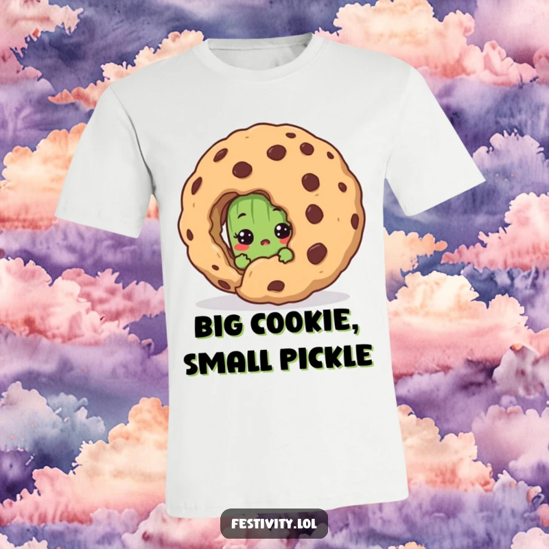 Funny t-shirt with a shy pickle character peeking in surprise behind a massive cookie, great for casual wear and humor lovers.