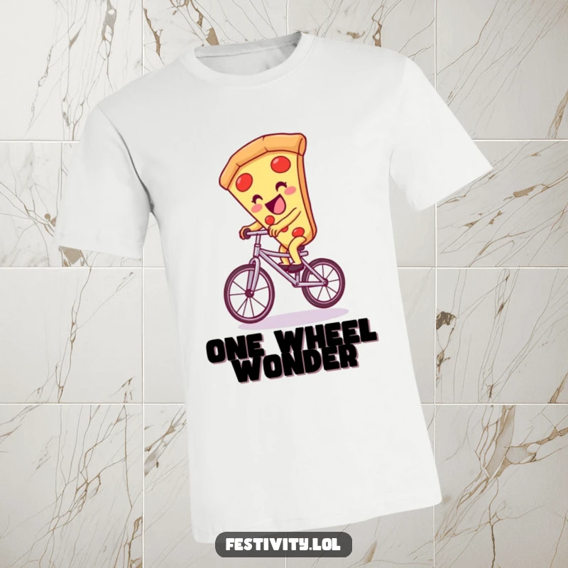 Funny, giggling pizza slice character comically attempting to ride a unicycle, showcasing a funny t-shirt.