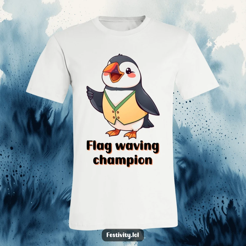 Funny Puffin T-Shirt: A grinning puffin wears a festive vest and waves a tiny flag, embodying humorous celebration.