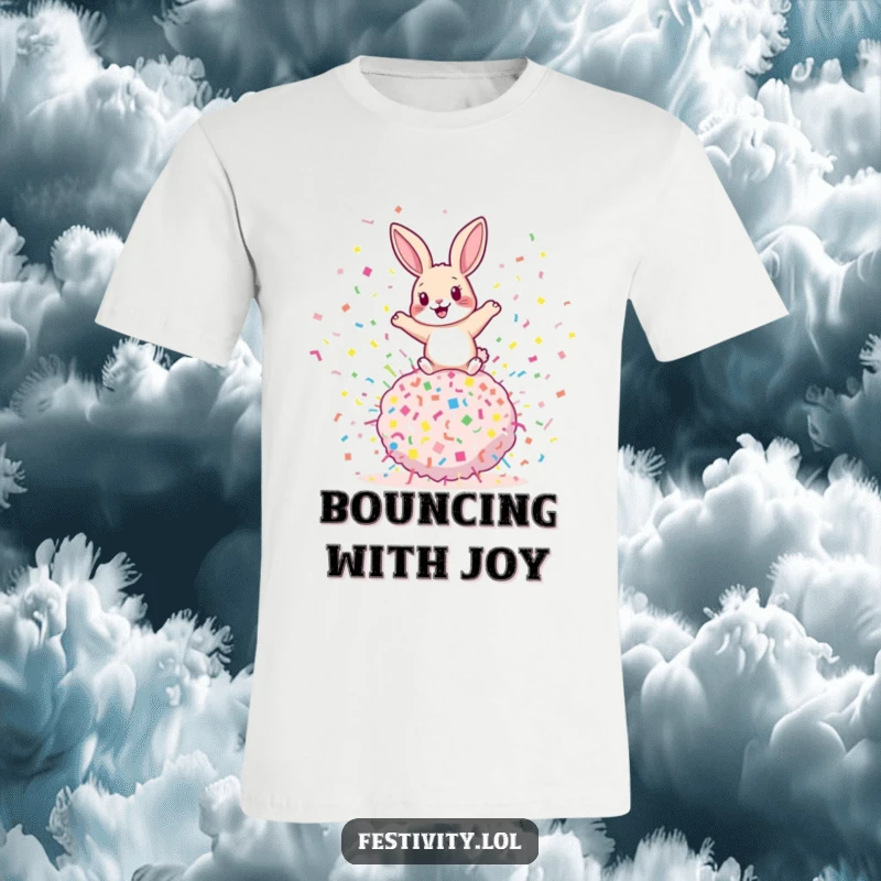 Funny rabbit t-shirt depicting a playful rabbit bouncing on a giant confetti bomb, symbolizing energetic fun and exciting moments.