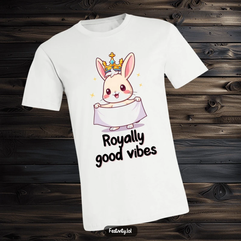 Funny rabbit t-shirt depicting a cheerful rabbit wearing a crown and holding a sparkling banner, radiating regal charm and playful vibes.