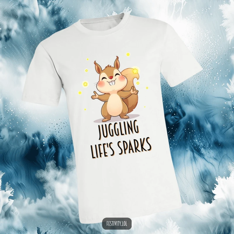 Funny squirrel t-shirt depicting a determined squirrel with a wide grin juggling multiple glowing fireflies, showcasing skill and playful energy.