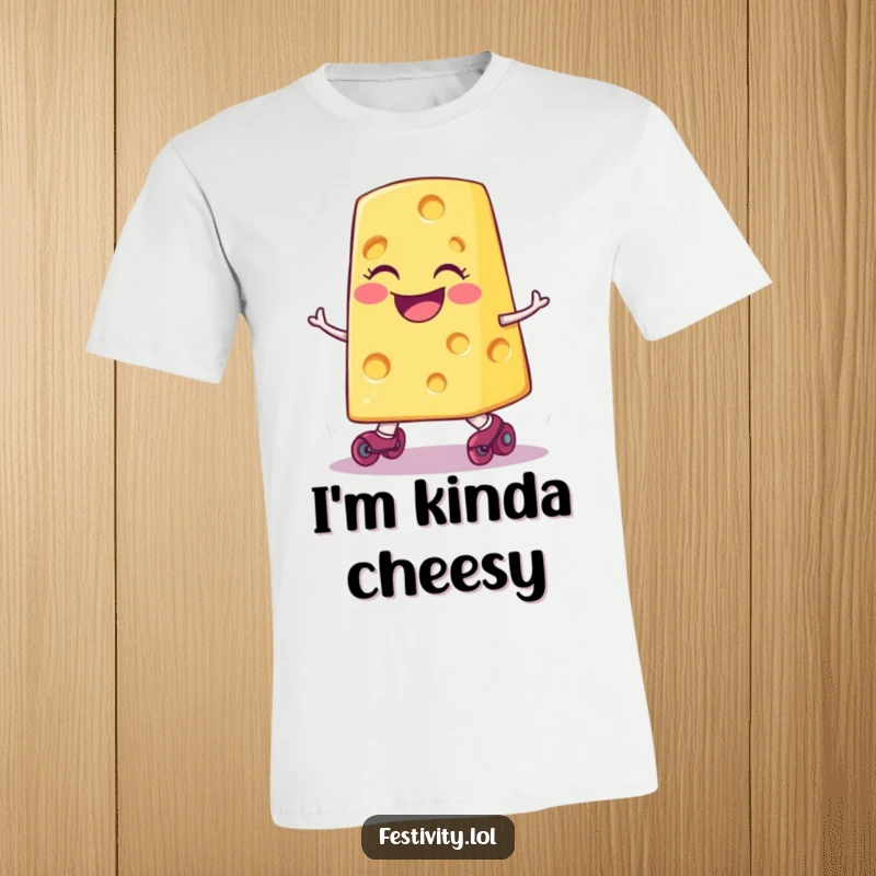 Funny smiling cheese slice on tiny roller skates comically tripping, printed on a soft, comfortable t-shirt.