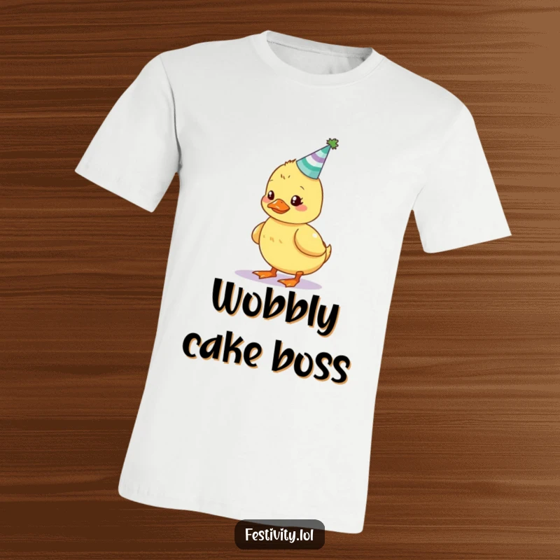 Funny t-shirt showcasing a wobbly duckling precariously balancing a small birthday cake with lit candles, conveying effort.