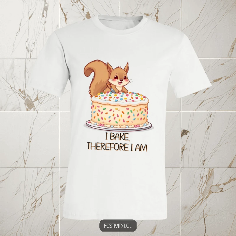 Funny t-shirt featuring a happy squirrel generously decorating a giant cake with oversized sprinkles, embodying baking bliss.