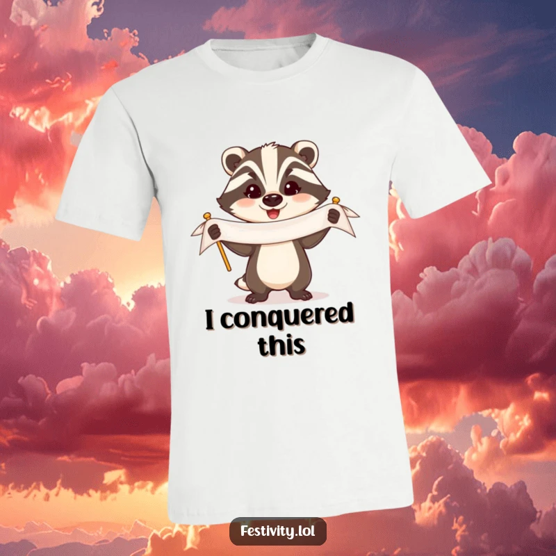 Funny Badger T-Shirt: A triumphant badger displays a celebratory banner with pride, embodying humorous accomplishment.
