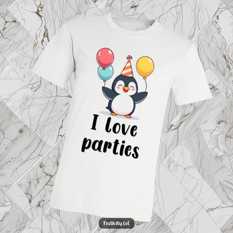 Funny T-Shirt: A giggling penguin in a party hat, enthusiastically juggling three colorful balloons, looking incredibly festive.