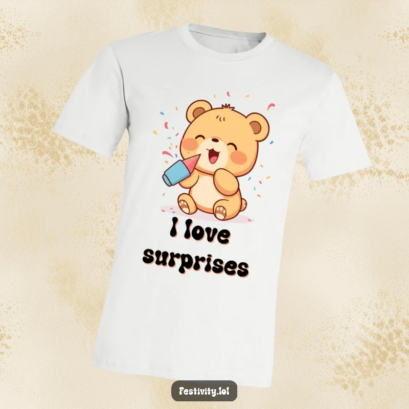 Funny T-Shirt: A delighted bear cub joyfully popping a party popper, showering confetti, looking incredibly excited.