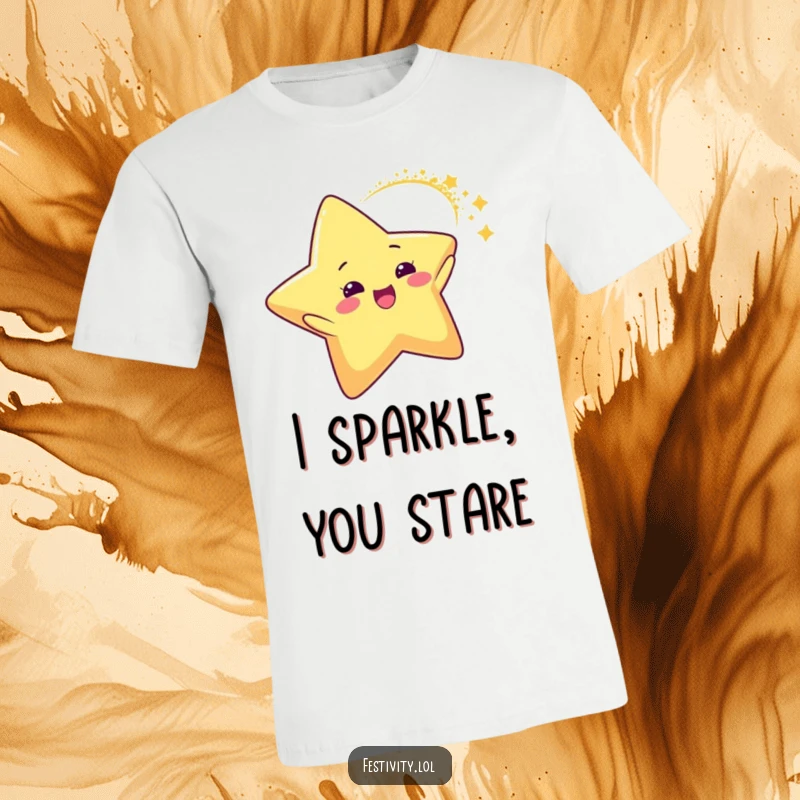 Funny Star Glitter Arc T-Shirt showing a delighted star character creating a dynamic arc of sparkling glitter, a truly stellar and humorous top.