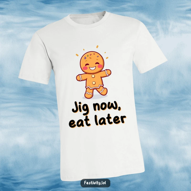 Funny Gingerbread Man T-Shirt showing a grinning gingerbread man character joyfully jigging with a shower of sprinkles, exuding pure happiness.