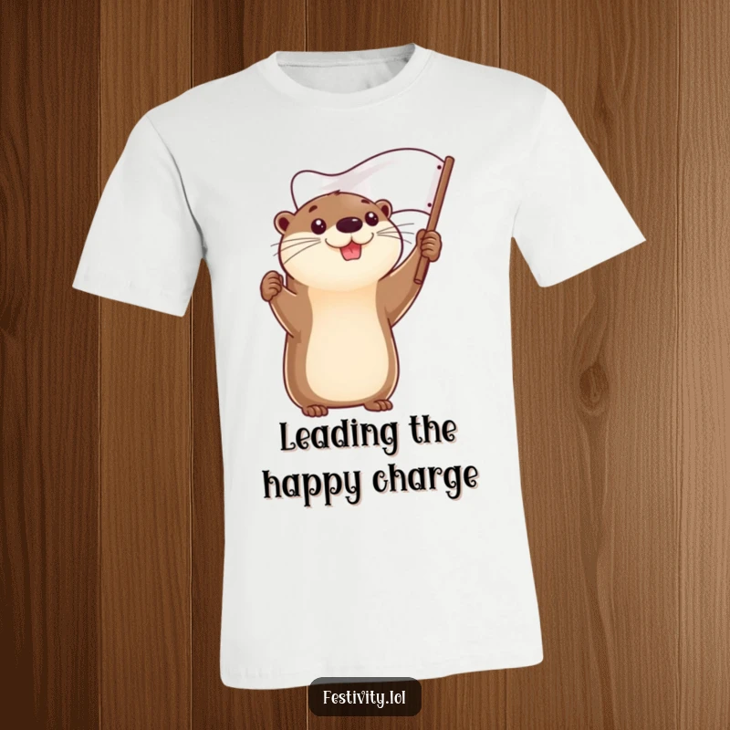 Funny T-shirt with a smiling, determined otter holding a flag aloft, symbolizing triumph and joy.
