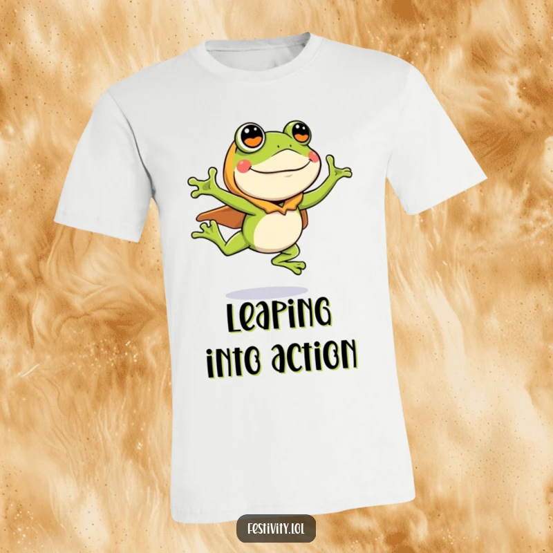 Funny t-shirt graphic of a silly frog in costume, leaping with great enthusiasm, vibrant and humorous design.