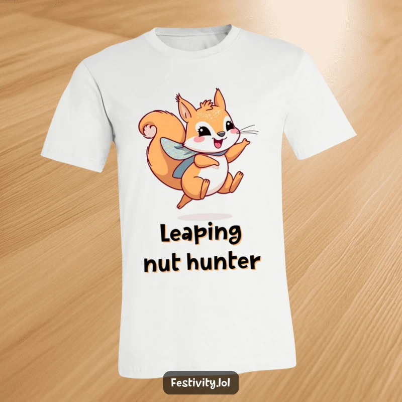 Funny t-shirt of a playful squirrel wearing a sparkly cape, leaping joyfully like a superhero.