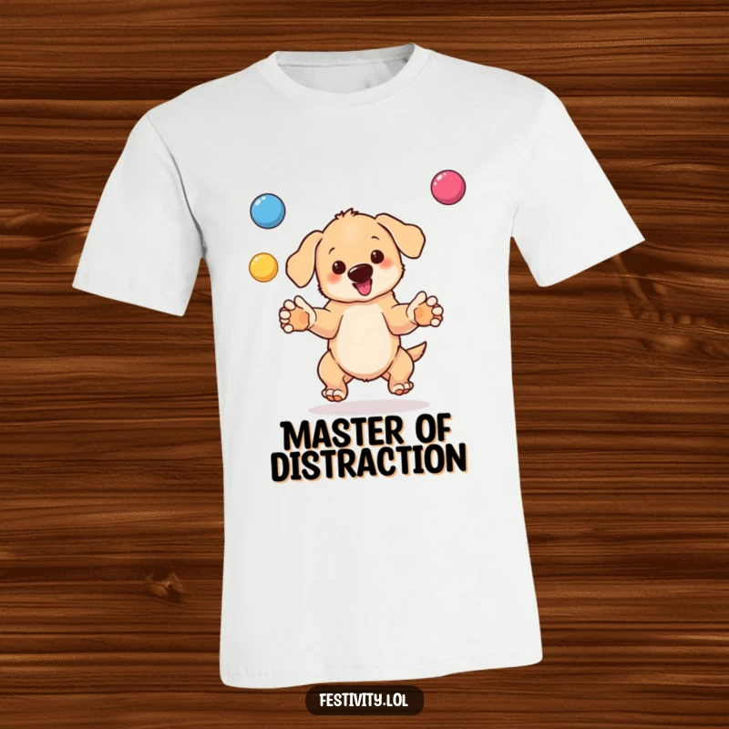 Funny t-shirt graphic of a bouncing puppy enthusiastically juggling brightly colored balls with its paws and nose.